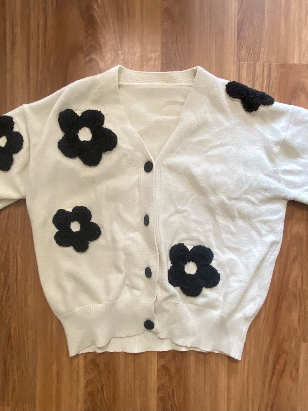 Cider White Cardigan with Black Floral Appliqués